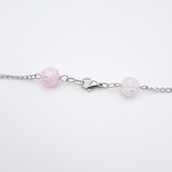 Pink Crackle Glass Long Opera Feminine Statement Chain Necklace Handmade Jewelry - Picture 4 of 7